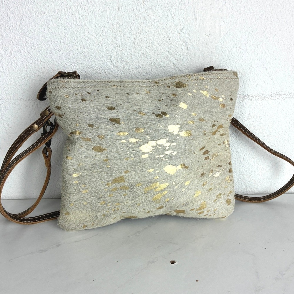 Myra Bag Gray Gold Crossbody - OS - Cowhide Leather Splatter Western Boho GLAM
